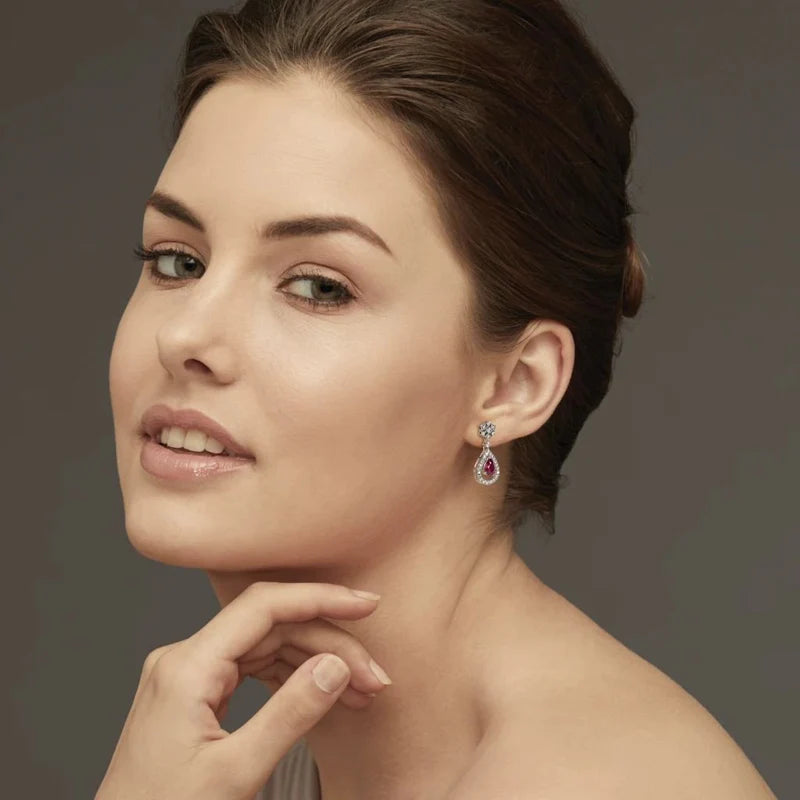Red Ruby Diamond Earrings - 925 Silver